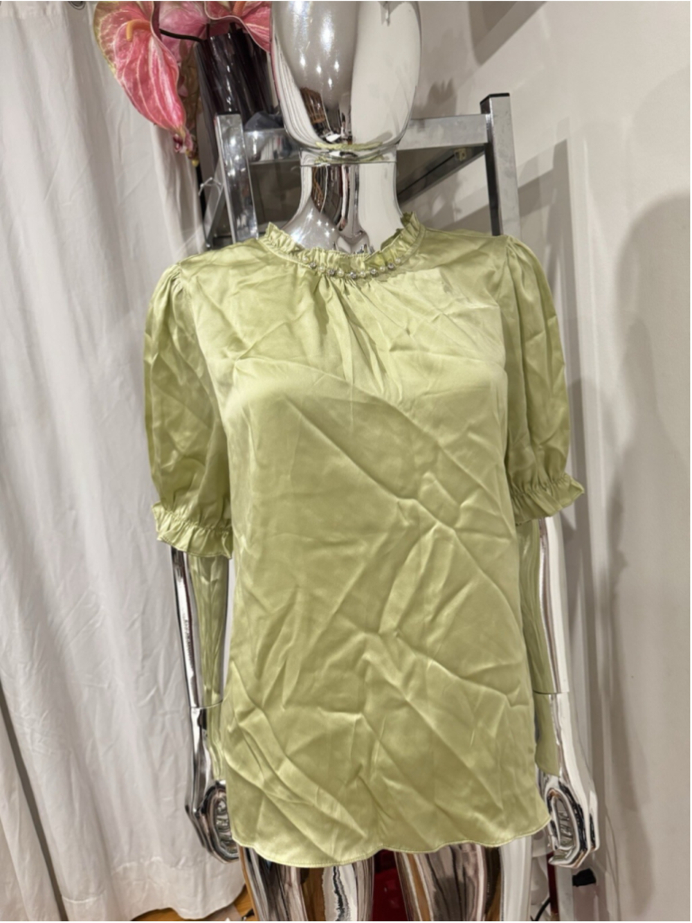 New Real Silk Life 100% Mulberry Silk Blouse XL Green Beaded Puff Sleeve